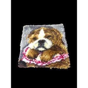 Completed Latch Hook Pillow Brown Puppy Sleeping bulldog 17 inch Broken Zipper